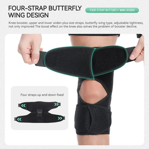 Black knee booster brace with wide butterfly-wing design and adjustable straps