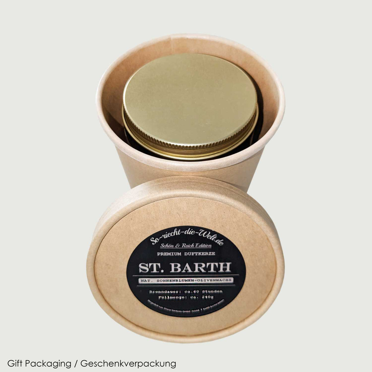 Gift packaging with two kraft containers and a round candle label