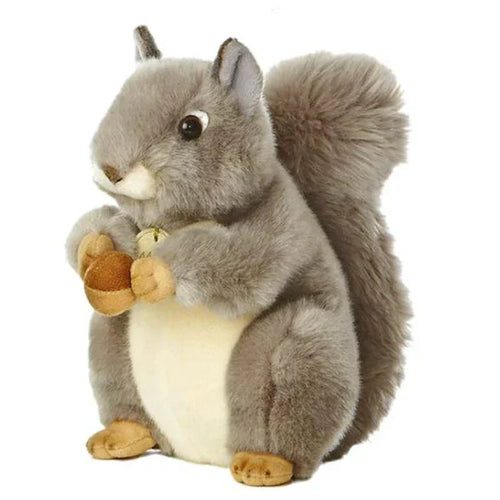 Grey squirrel plush with chest fur, upright pose, holding small nut and paws