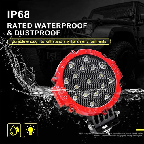 Round LED work light with red casing and front LED array