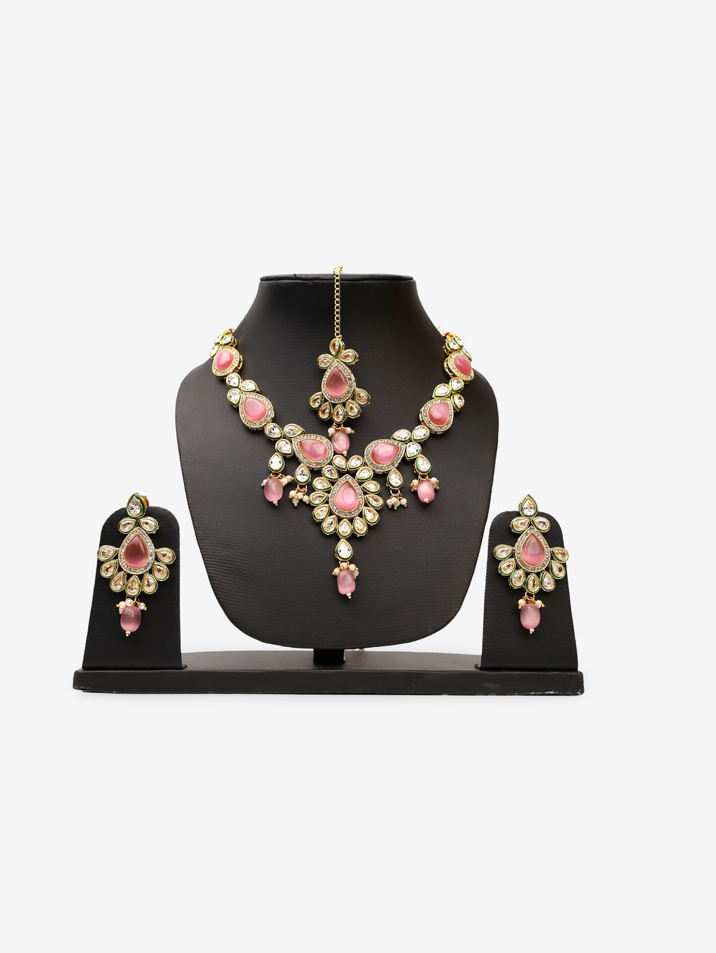 Polki and Pink Monalisa Stone Necklace with Earrings & Mang Tkka-0