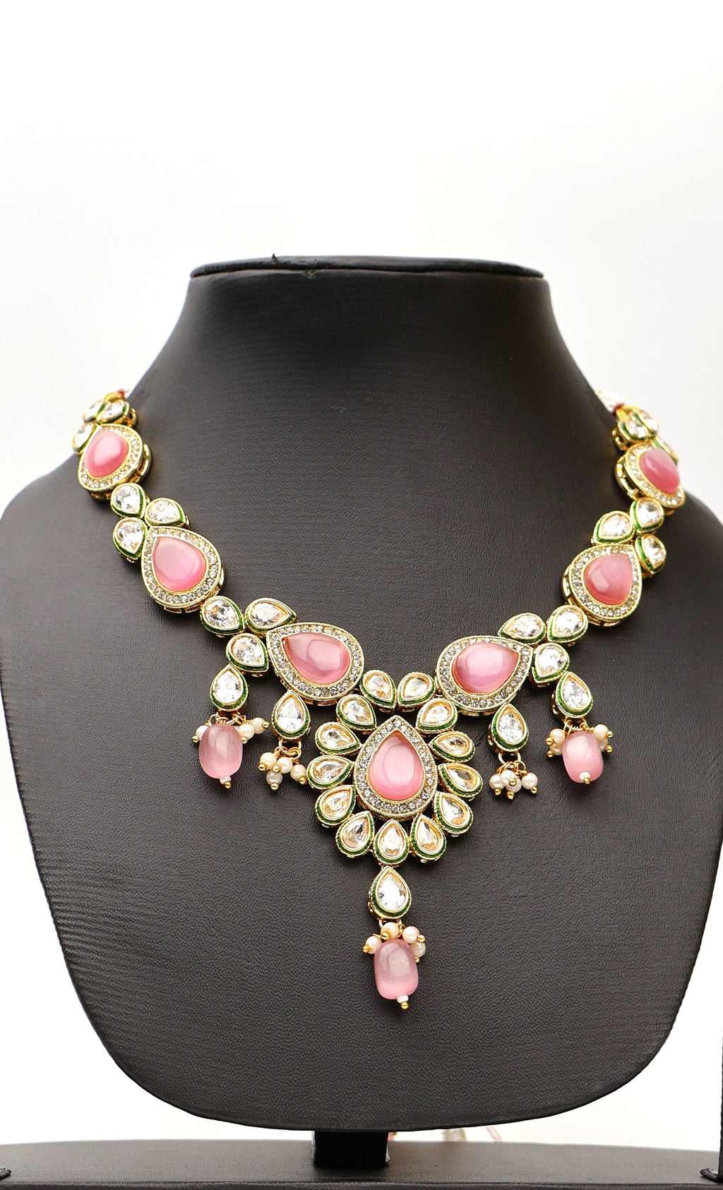 Polki and Pink Monalisa Stone Necklace with Earrings & Mang Tkka-1