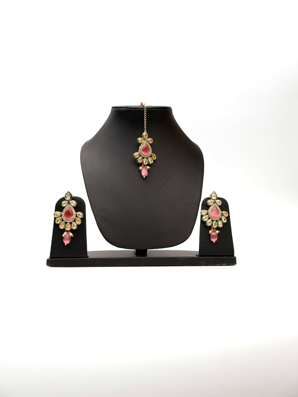 Polki and Pink Monalisa Stone Necklace with Earrings & Mang Tkka-2
