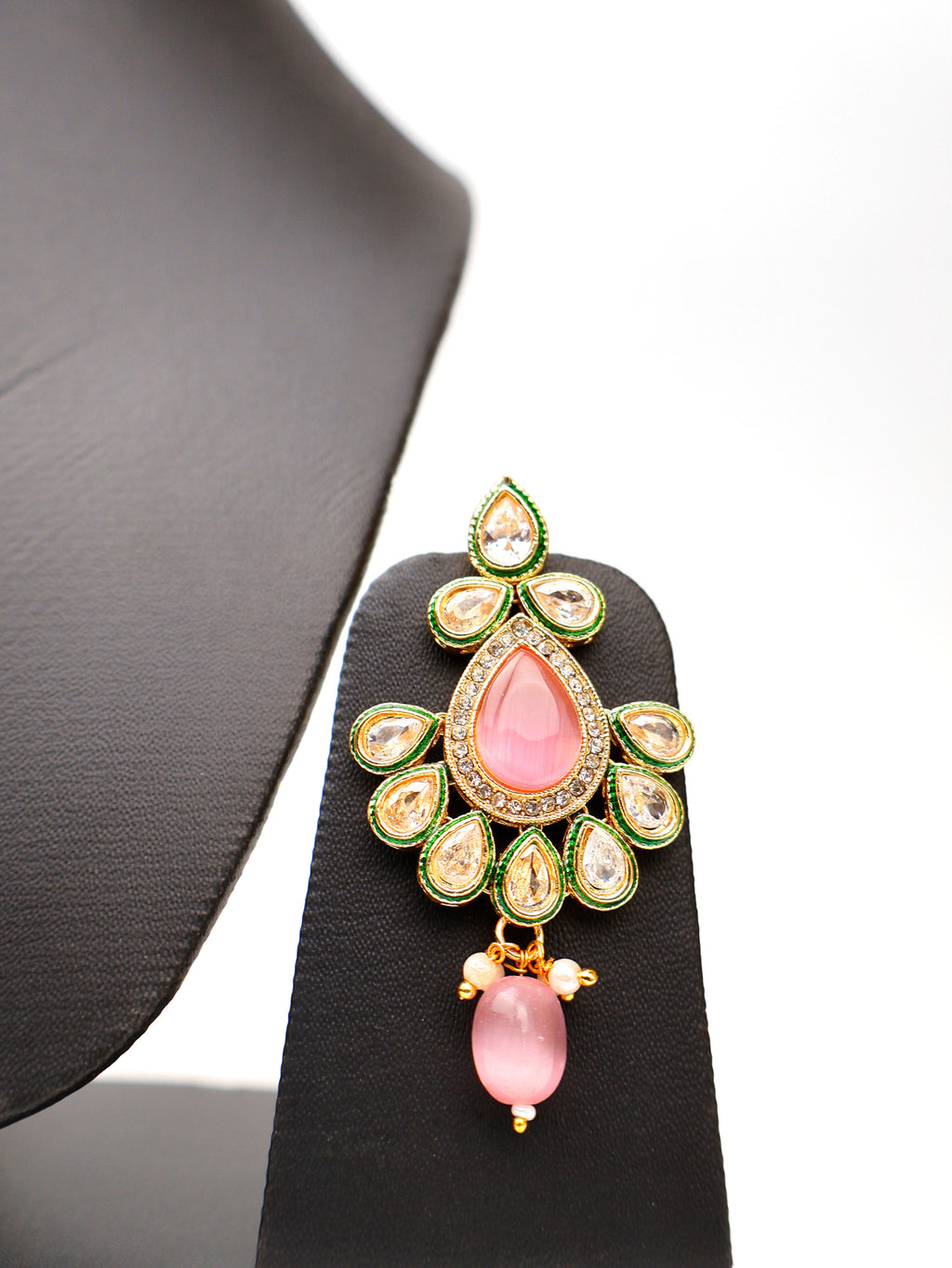 Polki and Pink Monalisa Stone Necklace with Earrings & Mang Tkka-3