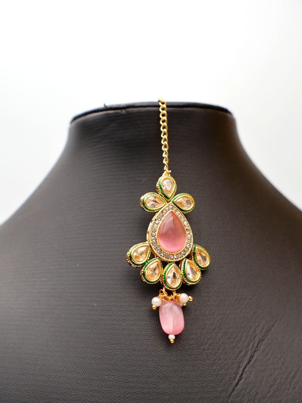 Polki and Pink Monalisa Stone Necklace with Earrings & Mang Tkka-4