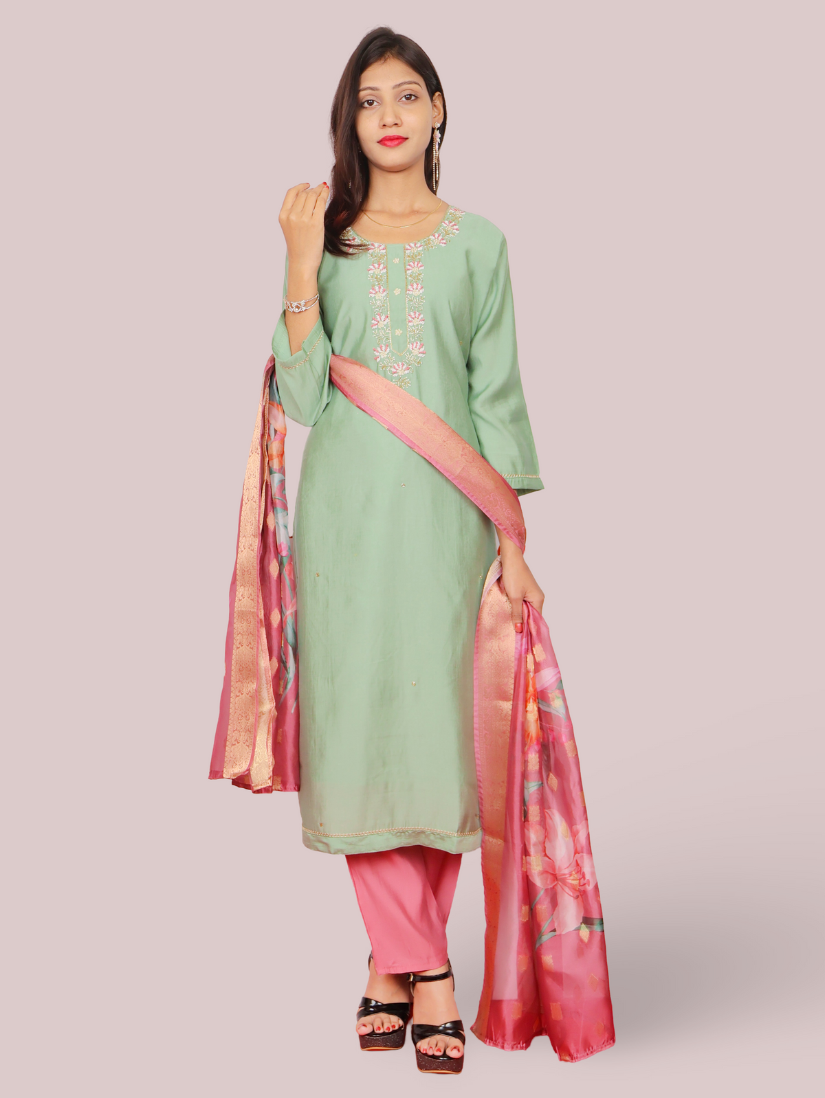 Woman Straight Suit Set with Pant & Dupatta