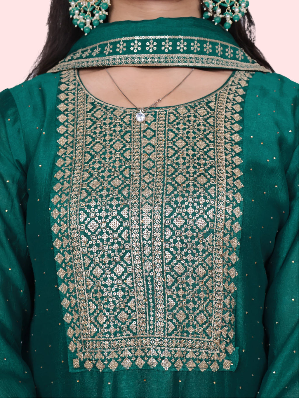 Dark Green Embroidered Straight Suit Set