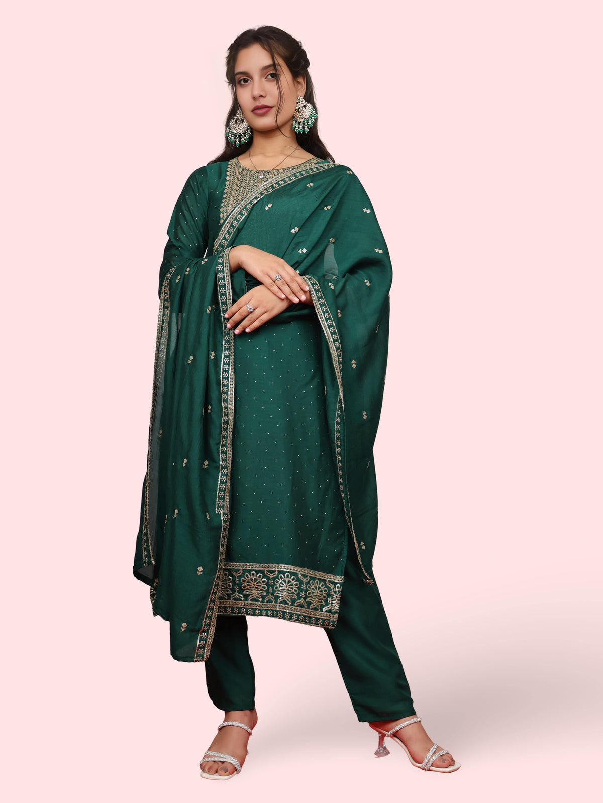 Dark Green Embroidered Straight Suit Set