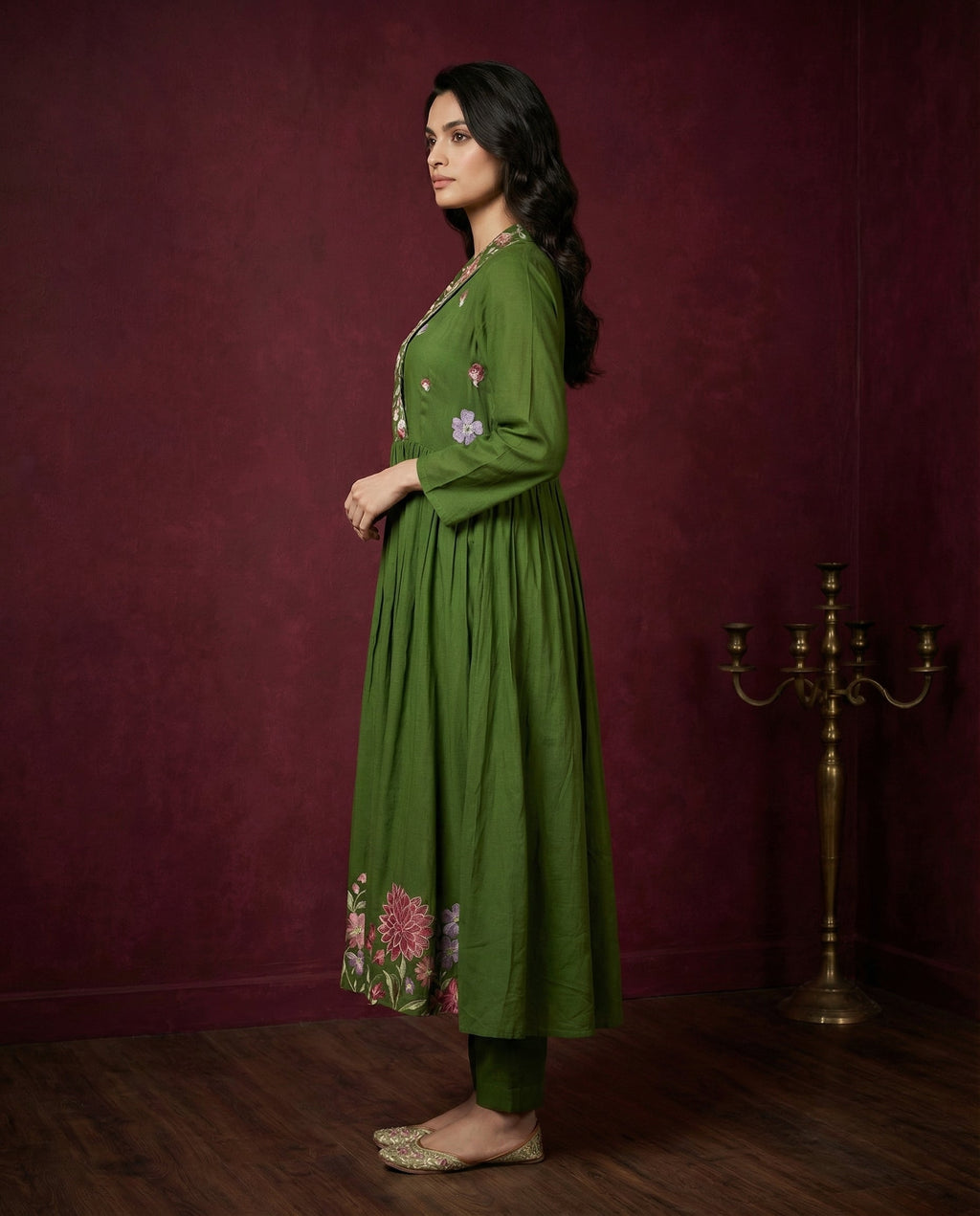 Olive Green Floral Embroidered Anarkali Kurta with Pants Set | Sequin & Embroidery Work
