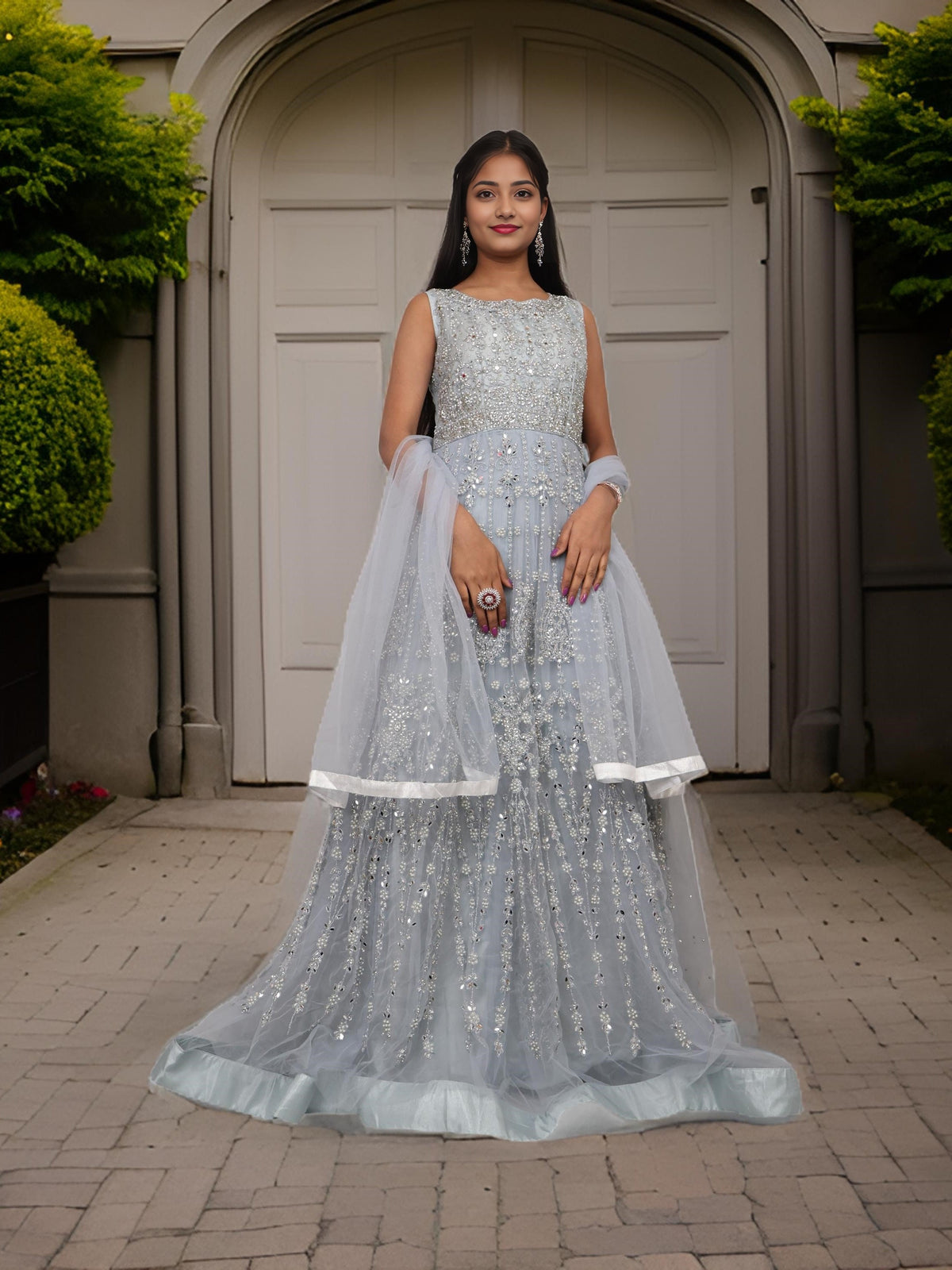 Net Fabric Gown with Pearl & Embroidery by Shreekama