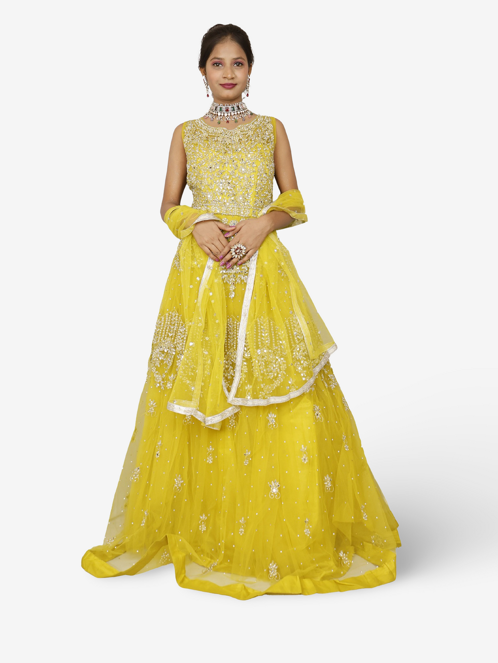 Lemon yellow gown with mirror and pearl work to soft net fabric for women by Shreekama