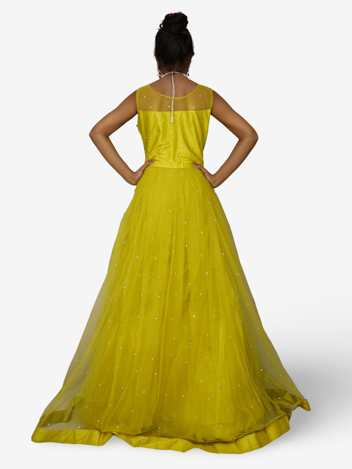 Lemon yellow gown with mirror and pearl work to soft net fabric for women by Shreekama