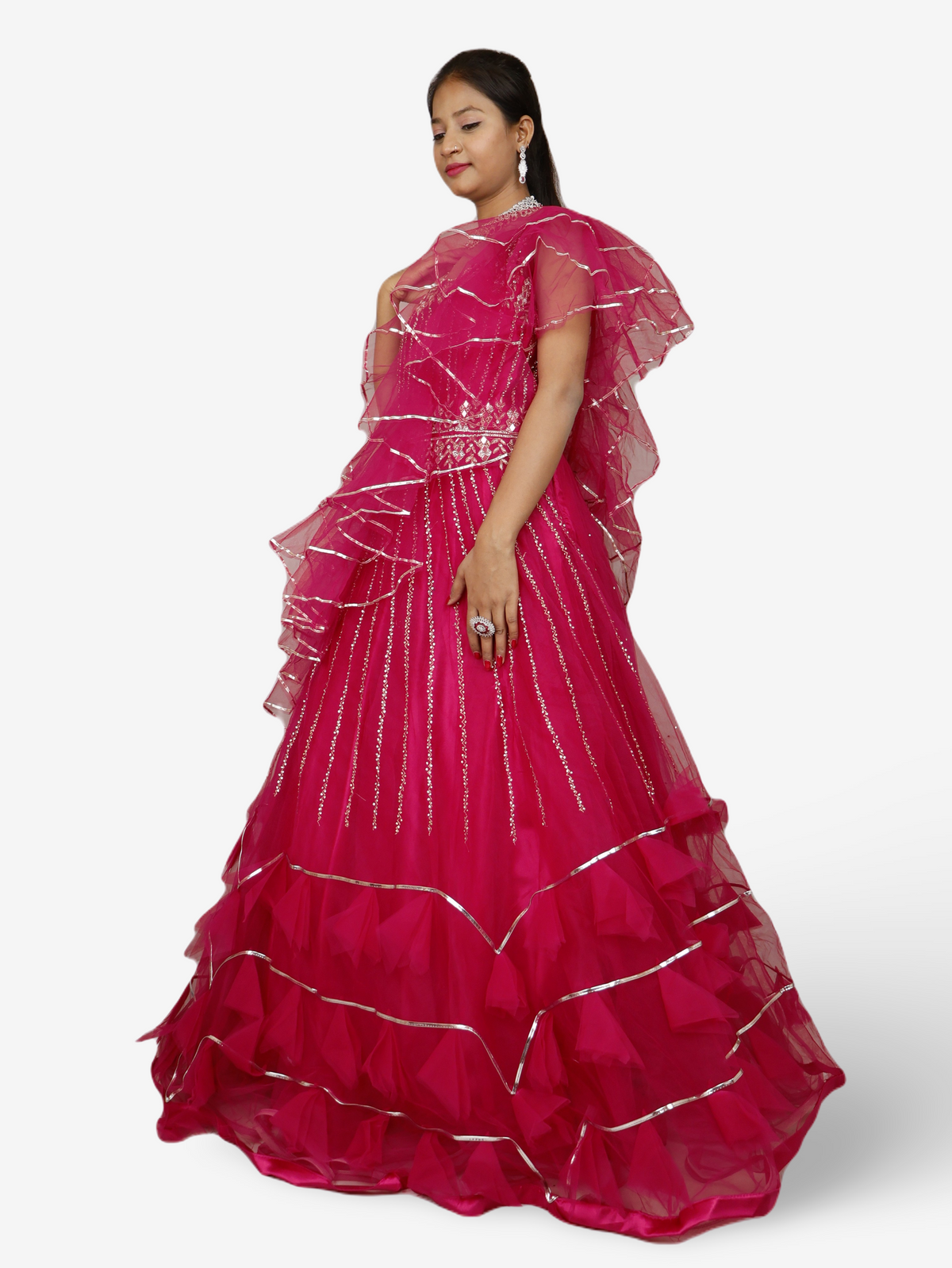 Magenta Pink Flare Gown Stone with Mirror Work for Women by Shreekama