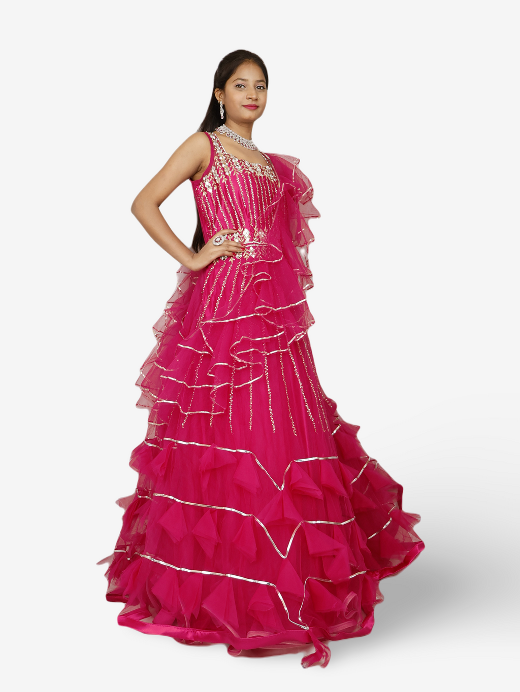 Magenta Pink Flare Gown Stone with Mirror Work for Women by Shreekama