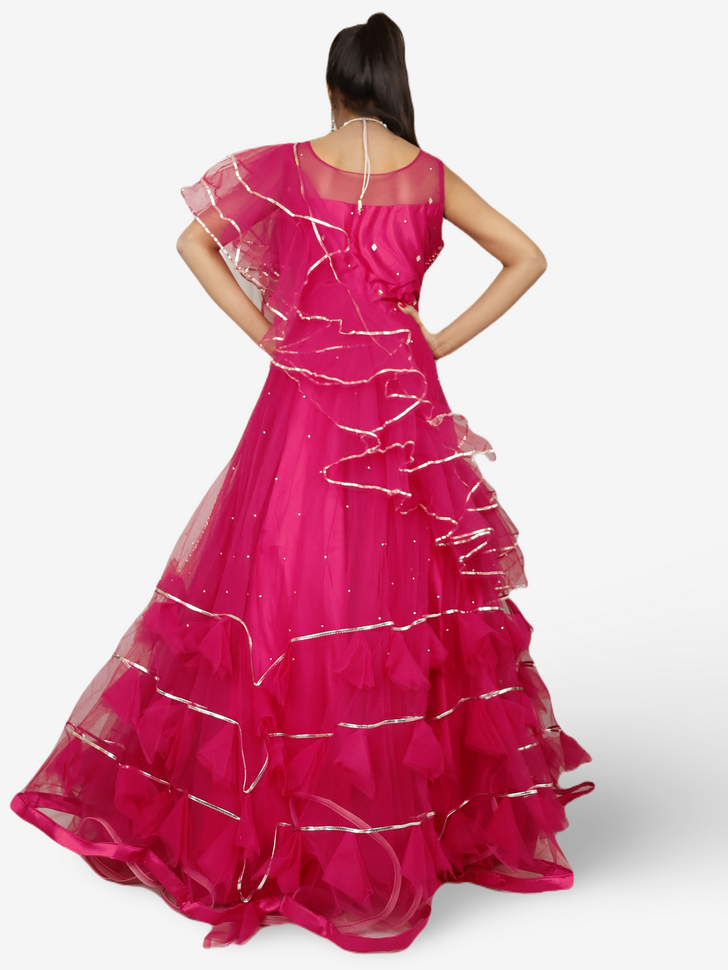 Magenta Pink Flare Gown Stone with Mirror Work for Women by Shreekama