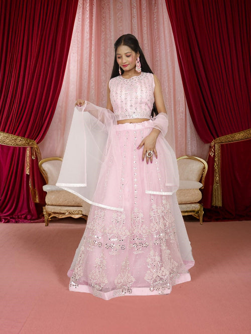 Pink lehenga set with stone and mirror embellished sleeveless blouse, flared skirt, dupatta