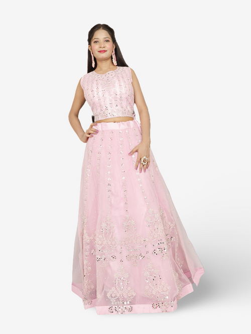 Pink lehenga set with stone and mirror embellished sleeveless top and flared lehenga skirt
