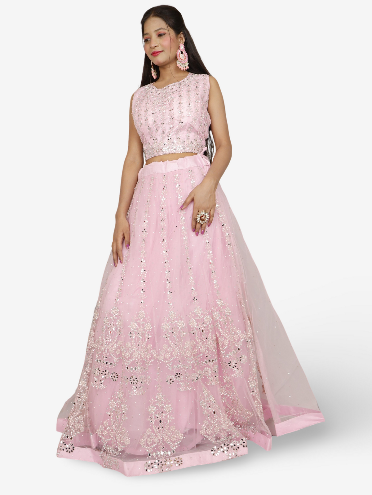 Beautiful mirror and stone work on this pink lehenga set for women by Shreekama