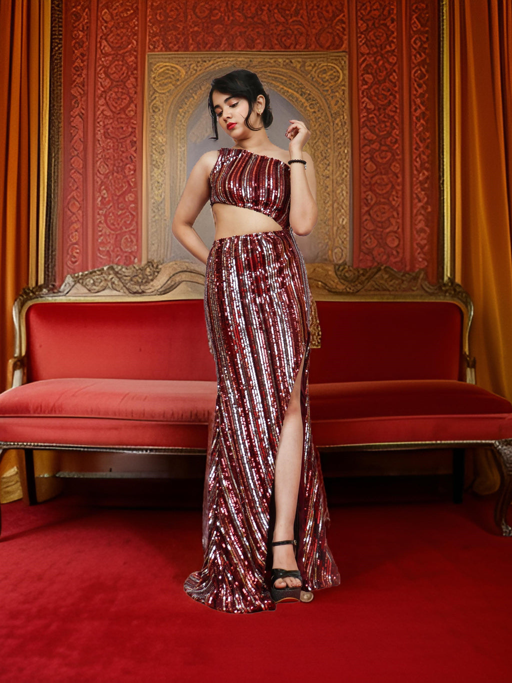 One-Shoulder Sequin Maxi Party Dress by Shreekama
