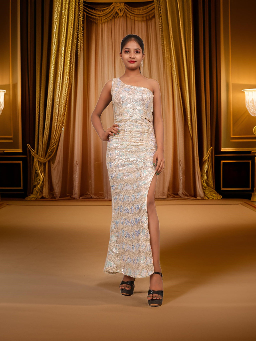 Starry Elegance Cream Sequins Maxi Dress by Shreekama
