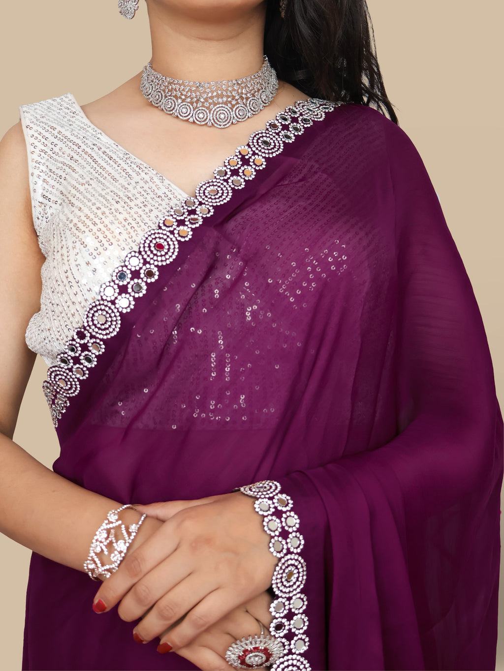 Designer Saree with American Diamond & Mirror Work by Shreekama