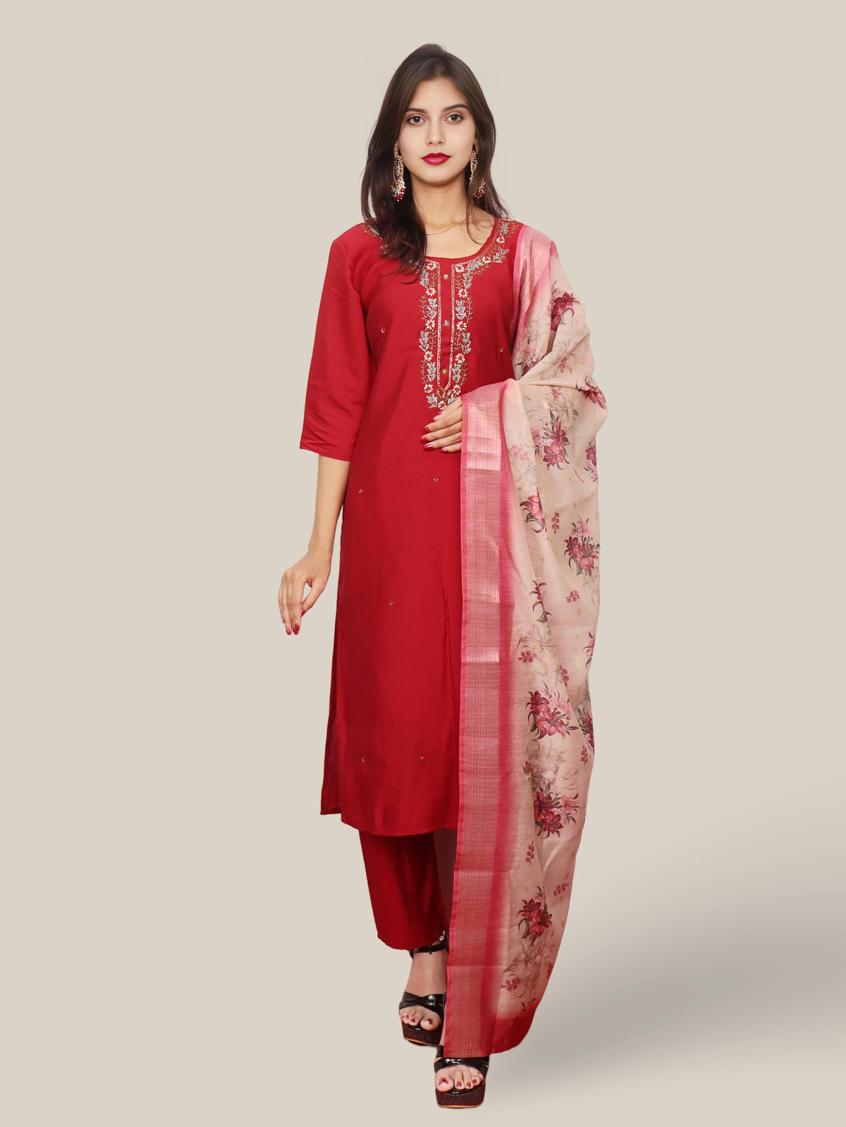 Embroidered Straight Kurta Set with Pant and Dupatta
