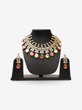 Three Layer Pink & Mint Green Monalisa Stones and Polki Necklace Set
