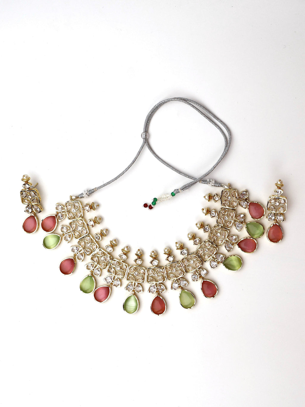 Three Layer Pink & Mint Green Monalisa Stones and Polki Necklace Set