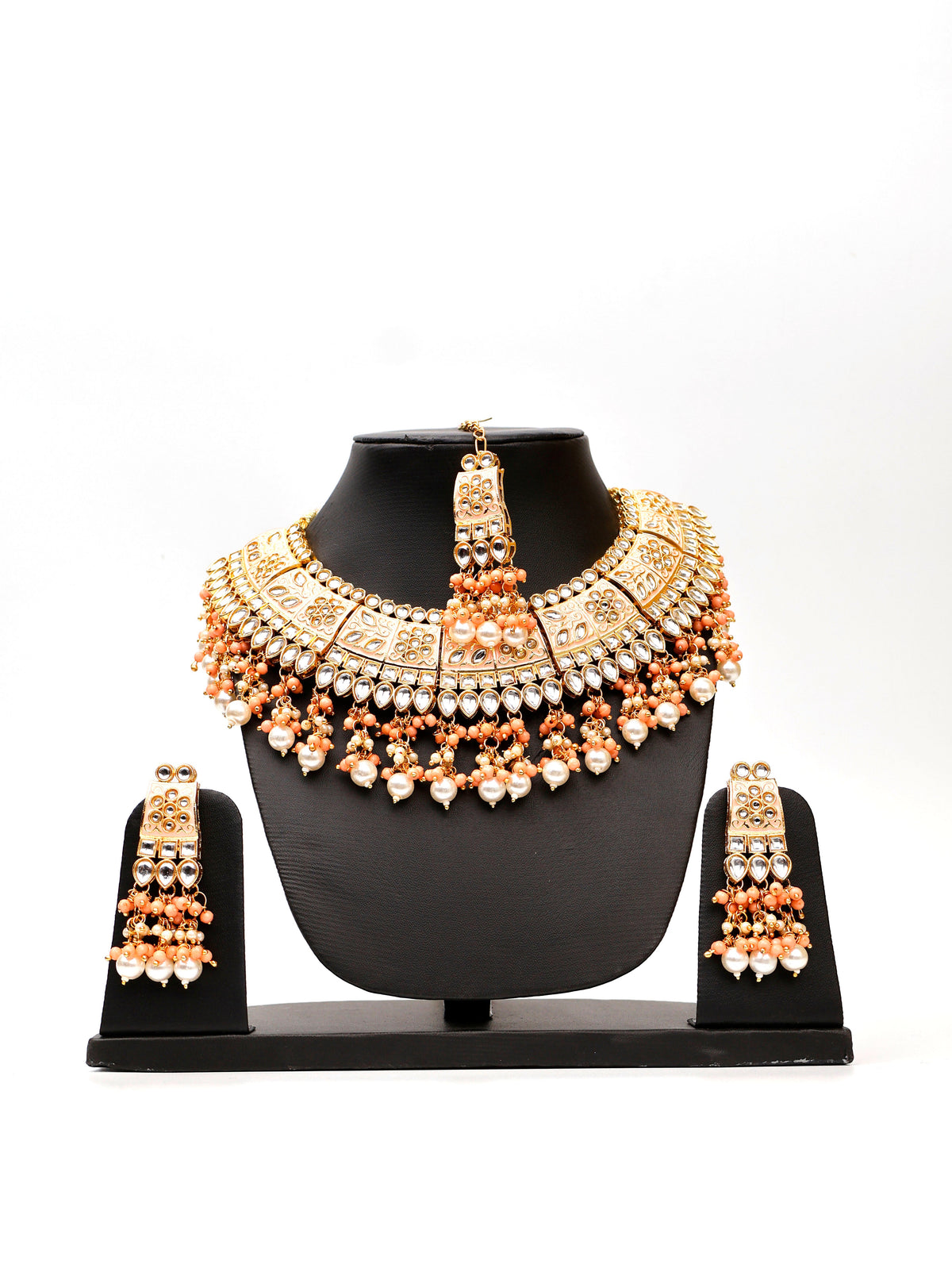 Peach Meenakari Kundan & Pearl Necklace Set with Earrings & Mang Tikka