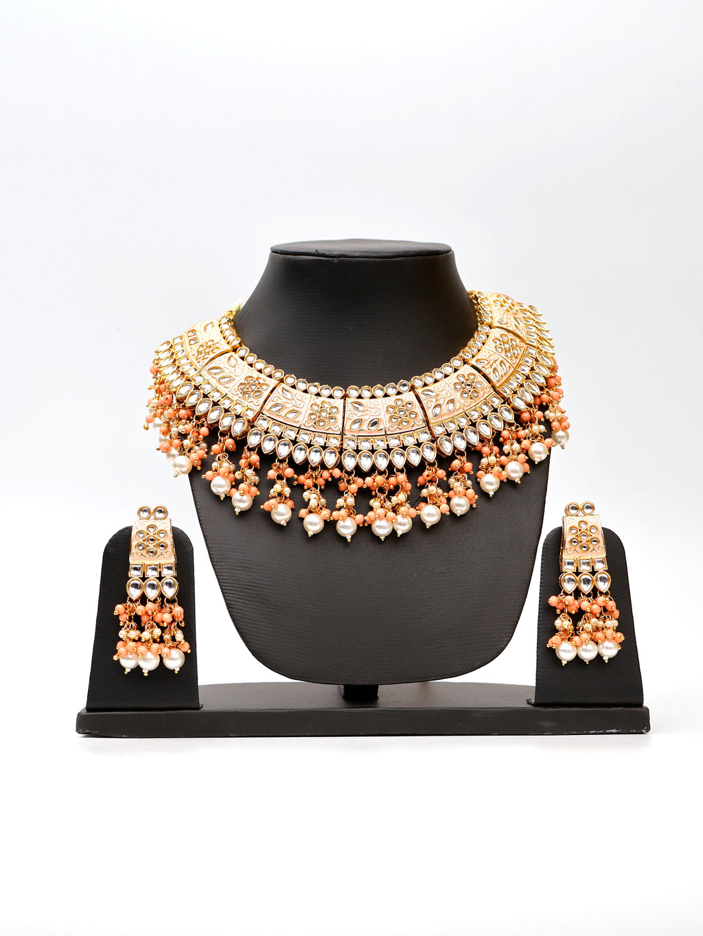 Peach Meenakari Kundan & Pearl Necklace Set with Earrings & Mang Tikka