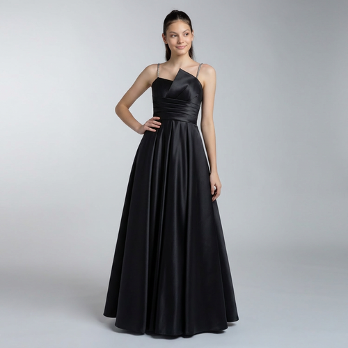 Girls black satin formal dress with spaghetti straps and ruched waist bodice