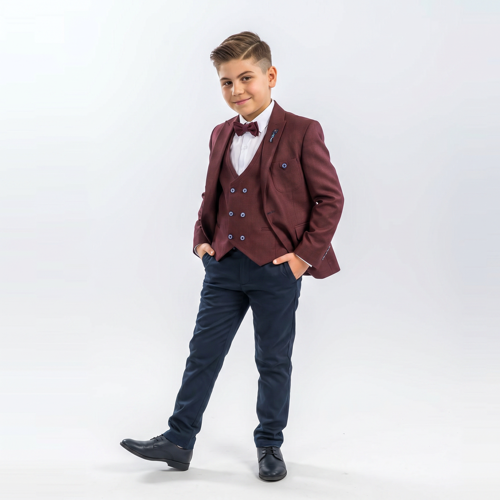 Boys formal 3-piece suit in burgundy: blazer, vest, bow tie, and dark trousers