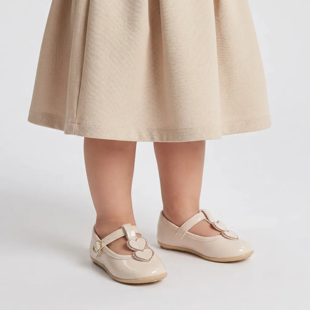 Offwhite baby Mary Jane formal shoes with heart buckle and double strap
