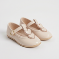 Offwhite patent baby formal shoes with heart appliques and gold buckle Mary Jane