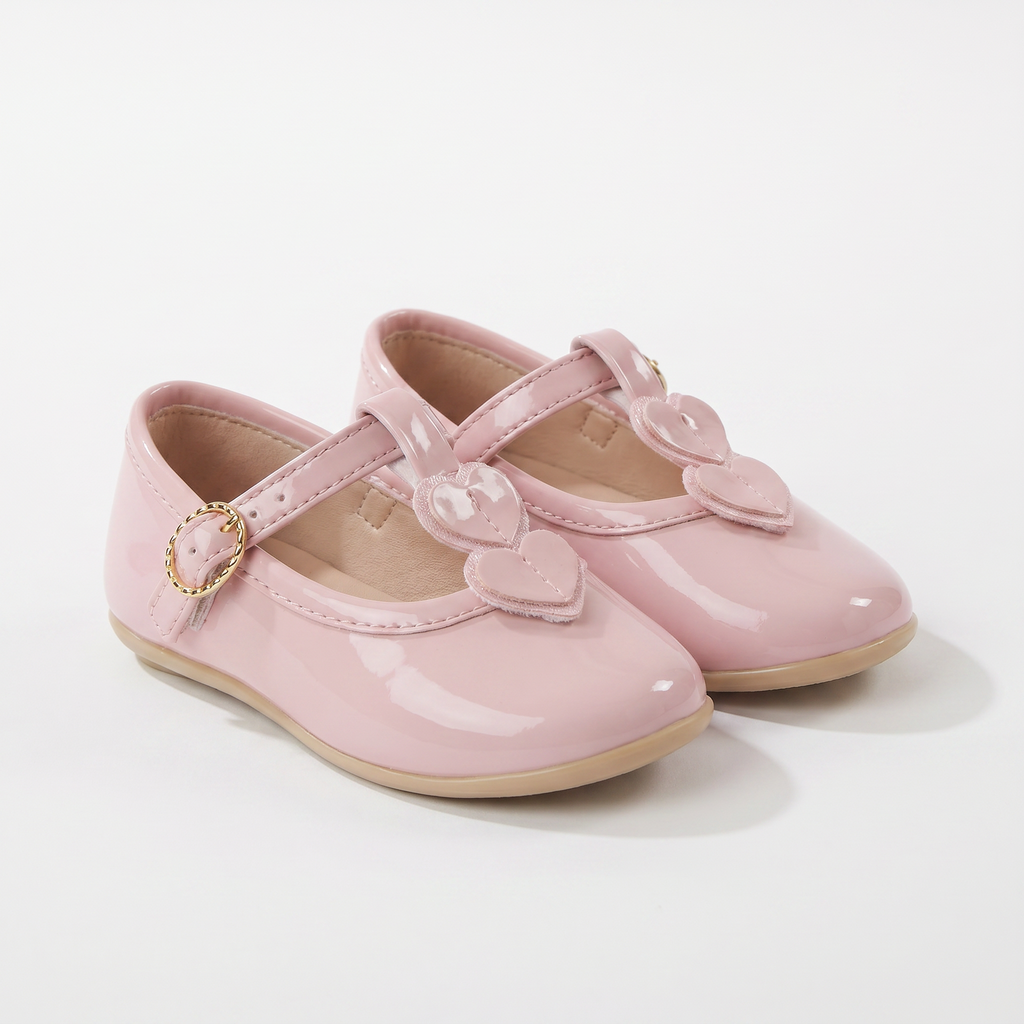Blush patent baby formal shoes with bow-and-heart ornament Mary Jane strap