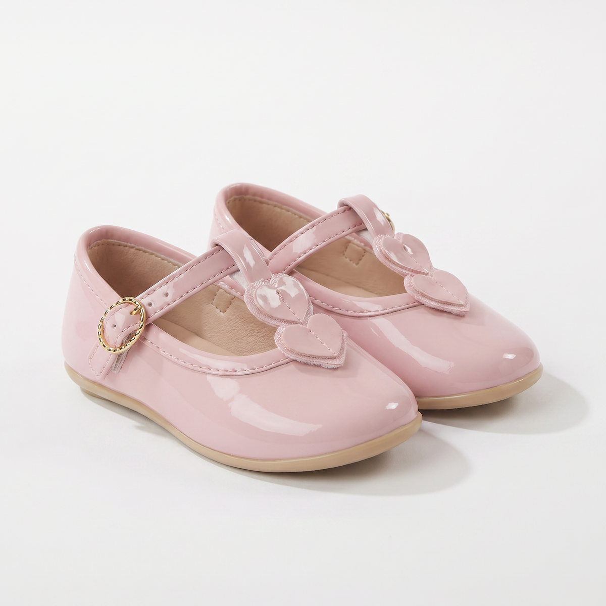 Blush patent baby formal shoes with bow-and-heart ornament Mary Jane strap
