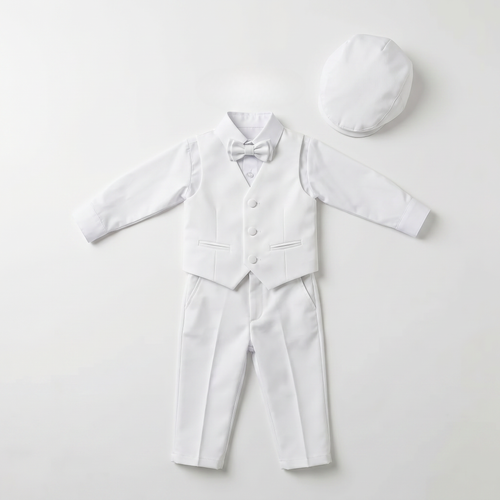 White baby formal vest set with bow tie, pants, and cap