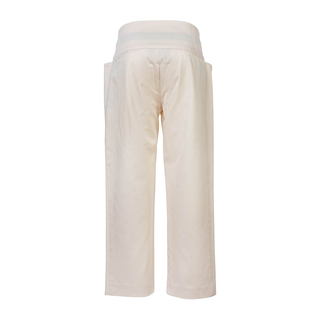 Light beige dress pants, back view with button waistband and wide legs