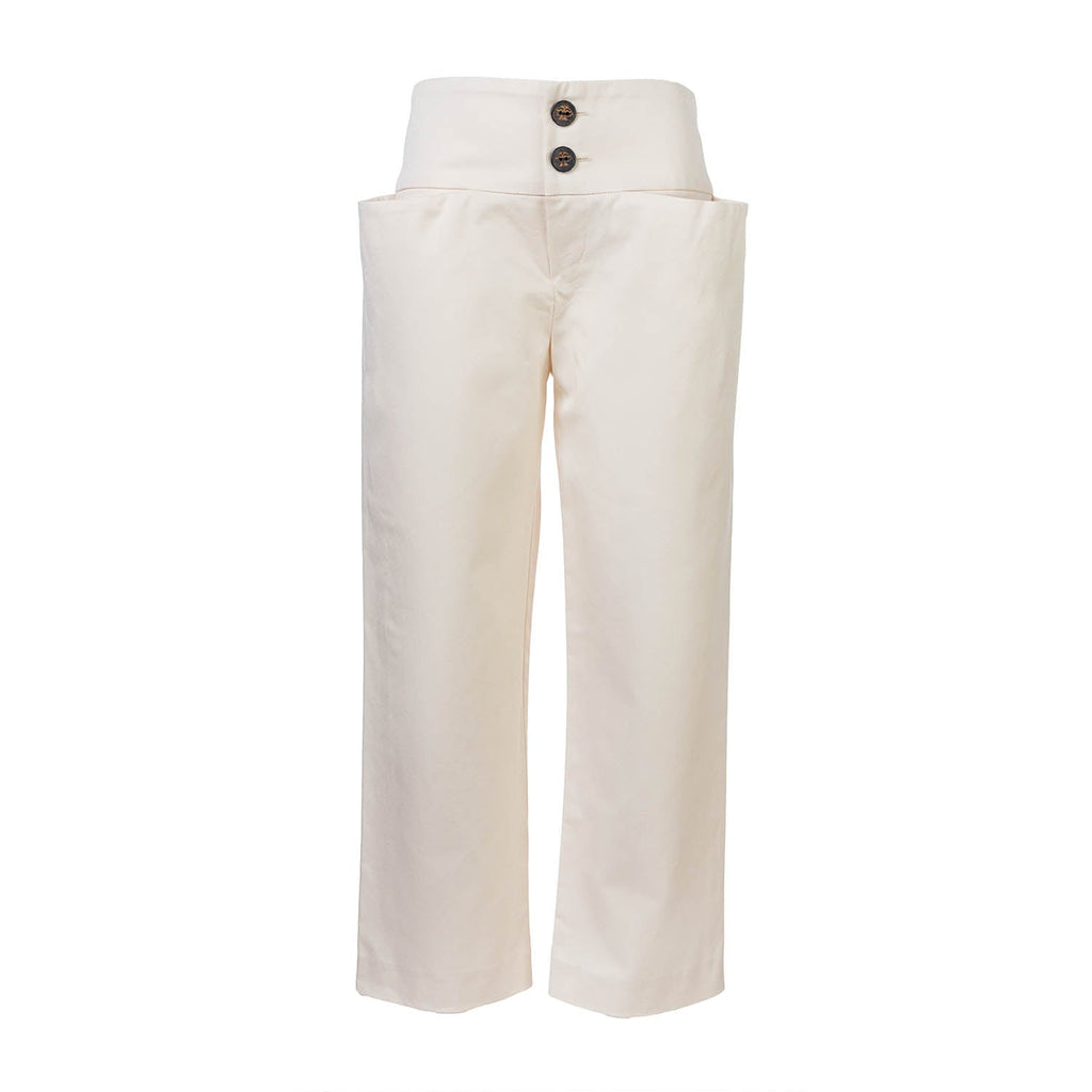 Light beige dress pants with extra-large pockets, button waistband and pleats