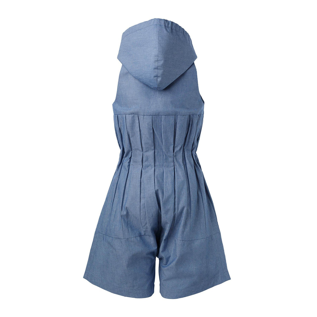 Blue denim hooded sleeveless jumpsuit, back view with gathered waist and wide legs