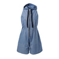 Blue denim hooded sleeveless jumpsuit front view with drawstring hood and wide legs