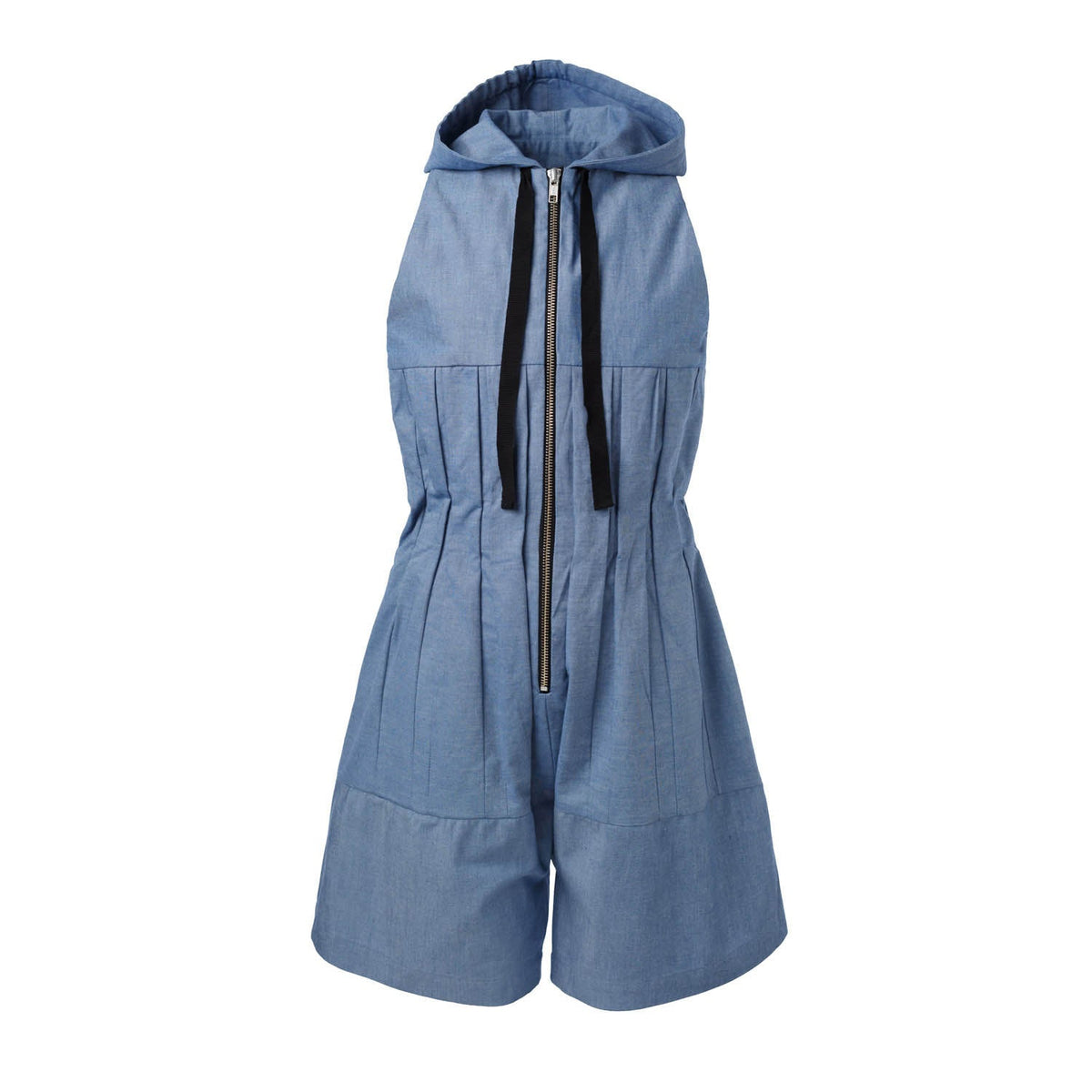 Blue denim hooded sleeveless jumpsuit front view with drawstring hood and wide legs