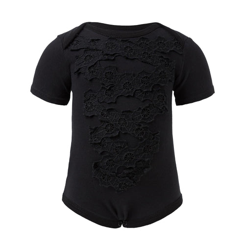 Black baby onesie with spiderweb lace chest panel and short sleeves