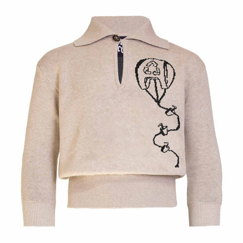 Kids beige knit sweater with long sleeves, ribbed cuffs, and kite graphic on chest