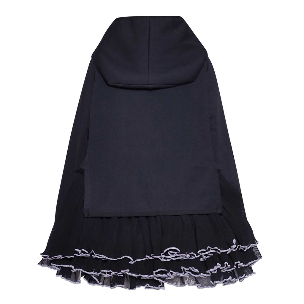 Black tulle hoodie dress with layered ruffle hem and chain-trim edge