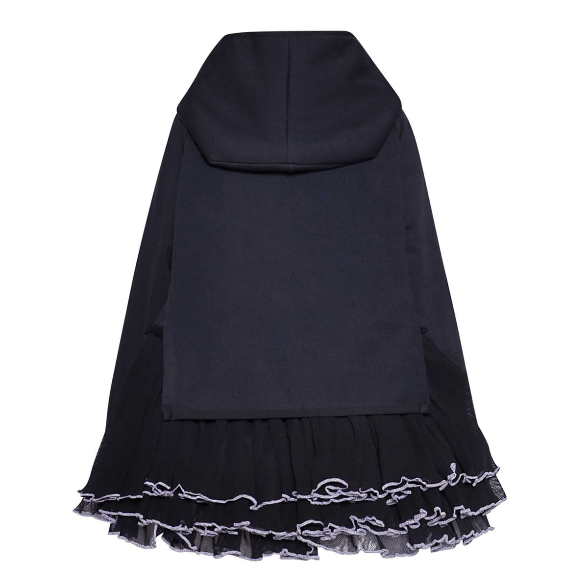 Black tulle hoodie dress with layered ruffle hem and chain-trim edge