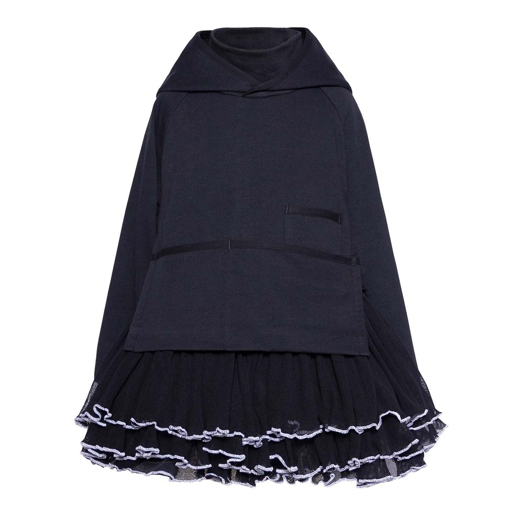 Black tulle hoodie dress with front pouch pocket and tiered ruffle hem