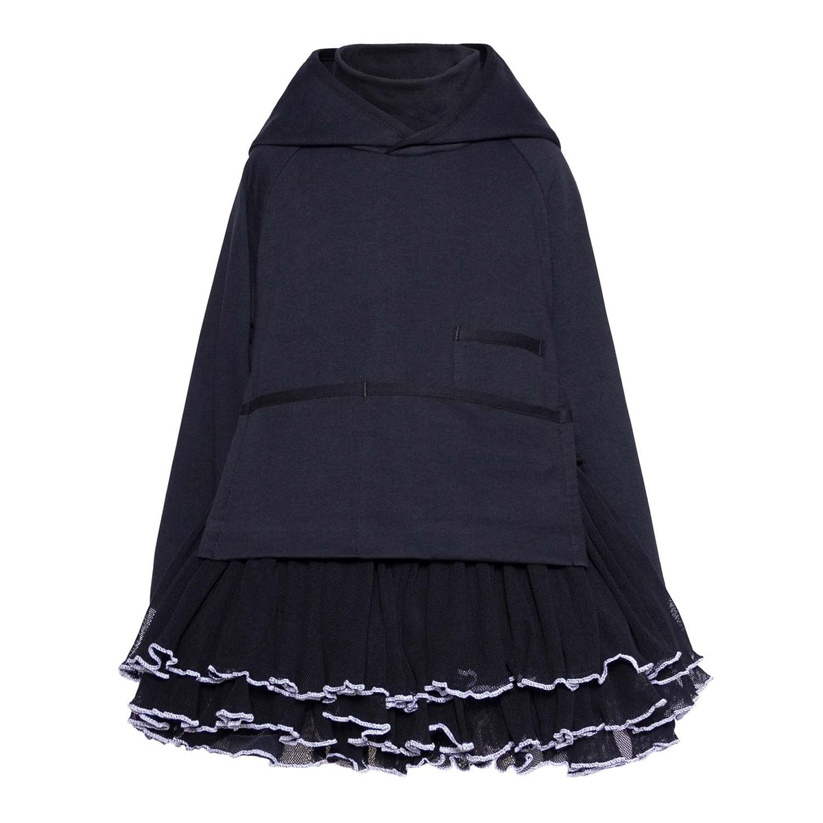 Black tulle hoodie dress with front pouch pocket and tiered ruffle hem