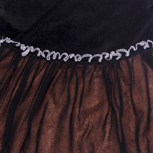 Black velvet bodice with brown tulle layers and white ruffle trim detail