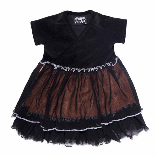 Baby girl black velvet dress with brown tulle skirt and scalloped white trim